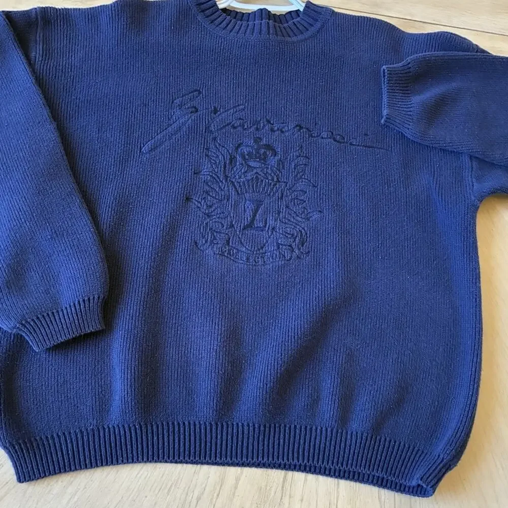 Vintage 80s Z Cavaricci Mens Knit Sweater Fisherman Embroidered Monogram Crest L